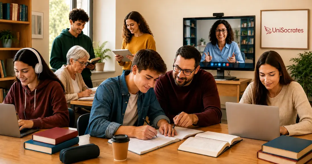Studenti di diverse età durante un percorso UniSocrates con tutoraggio, studio in presenza ed e-learning.