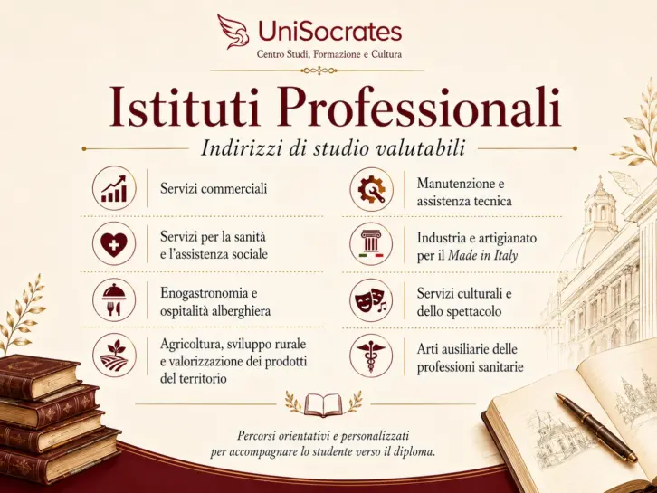 Infografica UniSocrates sugli Istituti Professionali con indirizzi nei servizi commerciali, sanità e assistenza sociale, enogastronomia, agricoltura, manutenzione, Made in Italy, cultura e professioni sanitarie.