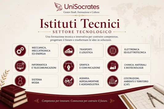 Infografica UniSocrates sugli Istituti Tecnici del settore tecnologico con indirizzi in meccanica, informatica, elettronica, chimica, grafica, agraria, moda, trasporti e CAT.